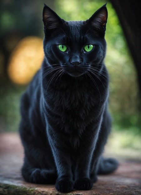 Portrait of a black cat with yellow eyes on a dark background ai generative