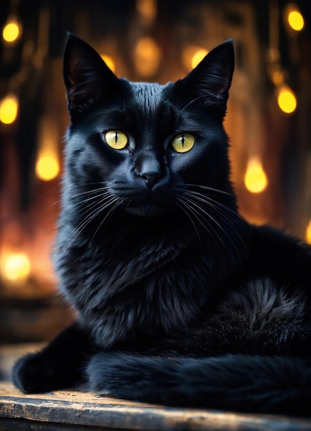 Portrait of a black cat with yellow eyes on a dark background ai generative