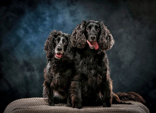 Photo portrait of black dogs sitting against wall at home