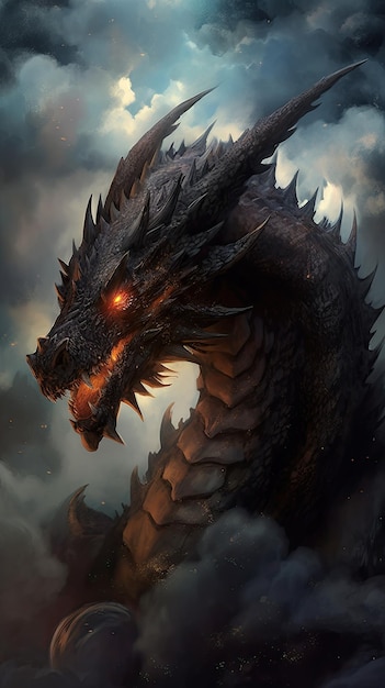 Portrait of black dragon in smoke and fire