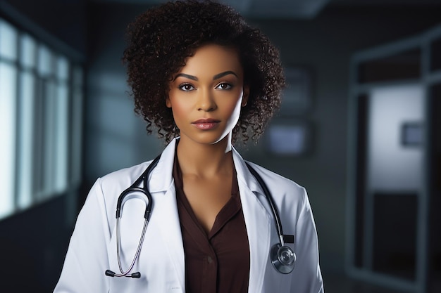 Portrait of a black female doctor in a white coat on the background of a medical office