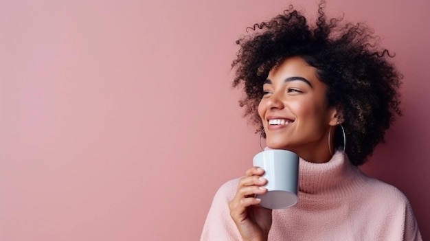 Portrait of a black female drinking coffee against pastel background with space for text