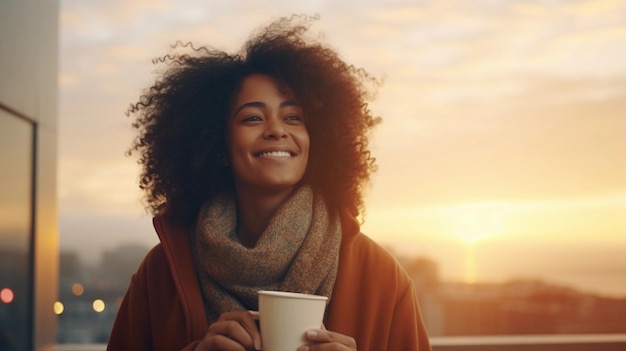 Portrait of a black female holding a cup of hot coffee against morning sunrise background