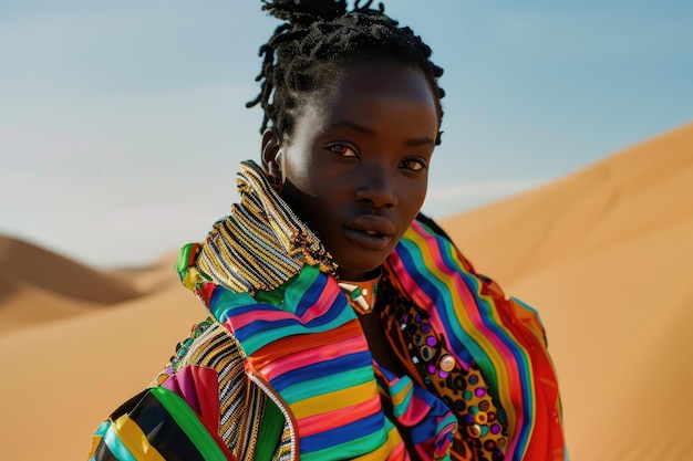 モノクロマティックな砂漠の砂丘でカラフルな未来主義的なジャケットを着た黒人女性モデルの肖像画