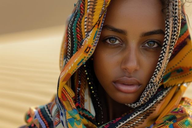 Photo portrait of black female model dressed in striking colorful garments on golden sand dunes