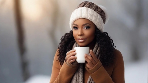 Портрет чернокожей женщины с чашкой горячего кофе на зимнем фоне с пространством для текста