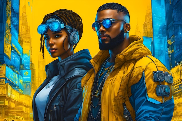 A portrait of black hacker guy and lady in 20s cyberpunk generated by ai