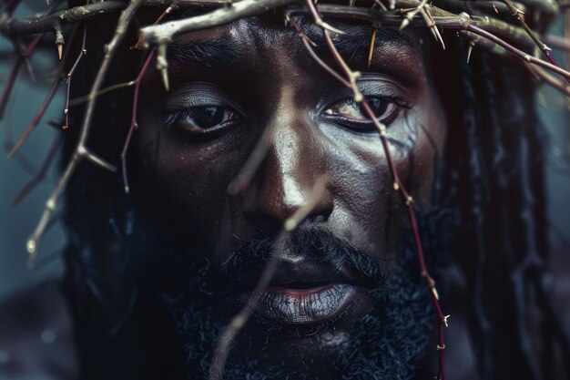 Portrait of black Jesus Christ with crown of thorns on his head