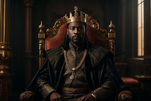 Photo portrait of a black king sitting on a throne power concept