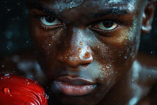 portrait of a black male boxer in red gloves in a boxing ring closeup