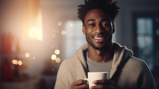 Portrait of a black male holding a cup of hot coffee against morning vibes background