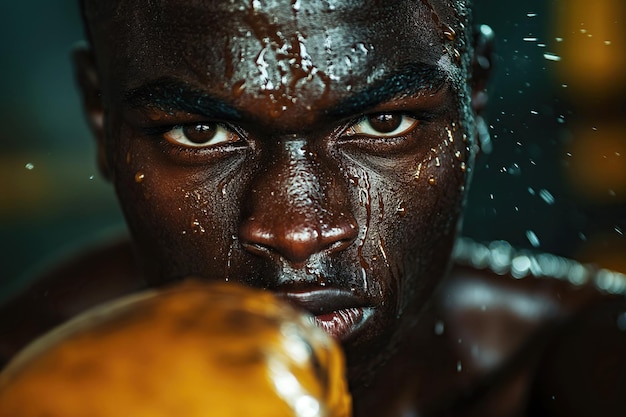 portrait of a black male professional boxer in gloves in boxing ring closeup