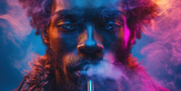 흑인 남성 흡연자 의 초상화 는 네온 빛 을 가진 시샤 바 에서 연기 가 많은 호카 를 피우고 있다