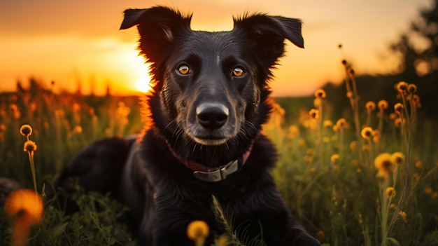 Portrait of black mutt dog during sunset on meadow