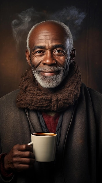 Portrait of a black old male drinking hot coffee against textured background