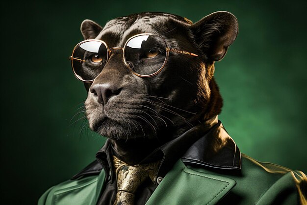 Portrait of black panther with sunglasses wearing suit and tie on solid background Generative AI