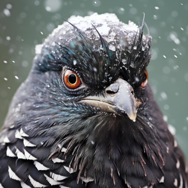 Portrait of a black pigeon in the snow Closeup