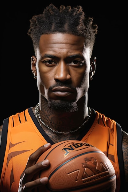 Photo portrait of a black professional male basketball player with a ball in hands on an isolated background