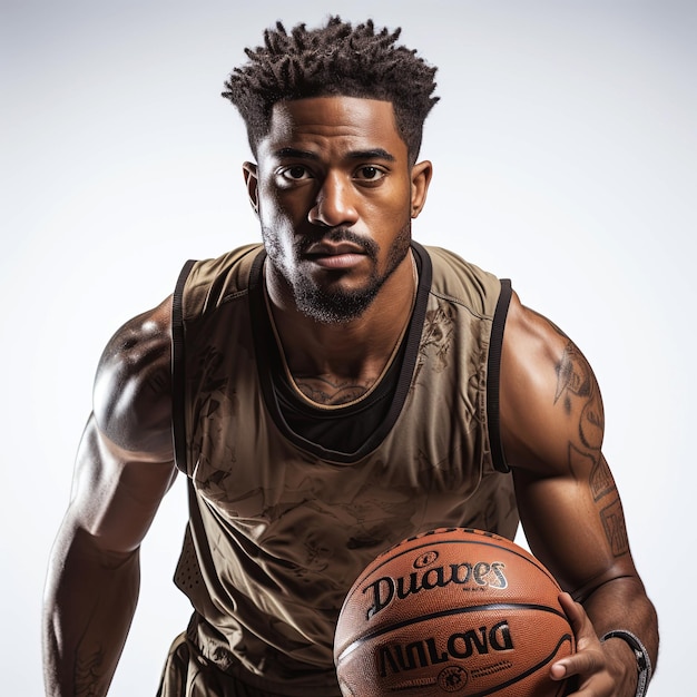 Портрет черного профессионального баскетболиста-мужчины с мячом в руках на белом изолированном фоне