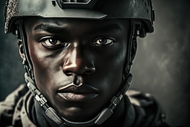 Portrait of black soldier in a helmet and modern ammunition Generative AI