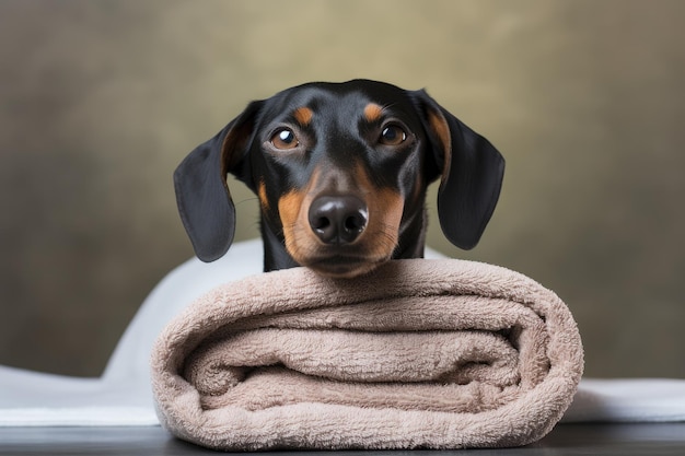 Portrait of a black and tan dachshund dog on a towel dog dachshund black and tan relaxed from spa procedures on face with cucumber covered with a towel AI Generated