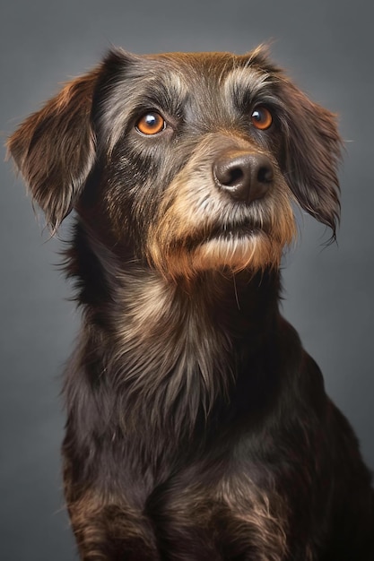 Portrait of a black and tan dachshund on a gray background