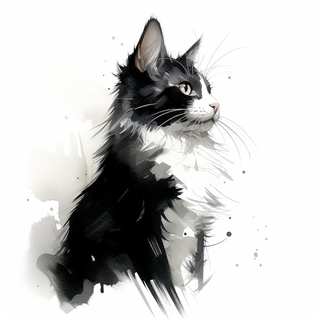 Portrait of black and white cat on a white background