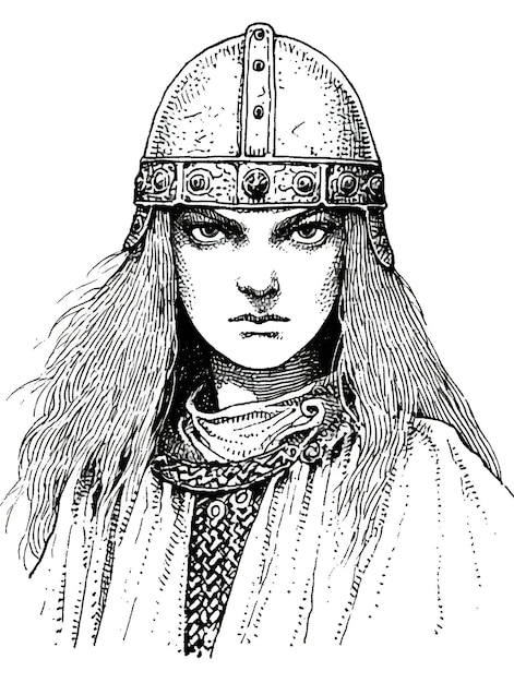 Portrait of black and white drawing of a medieval warrior woman
