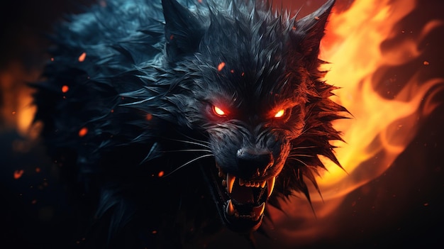 портрет черного волка в гневе улыбка открытый рот красные глаза огненный фон