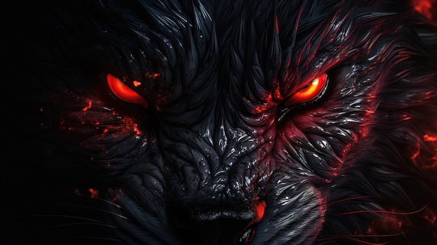怒った黒いオオカミの肖像画 笑顔 口を開け 赤い目 火の背景