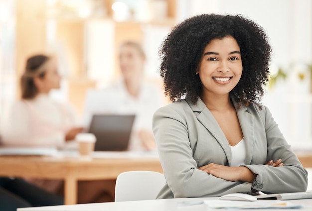 Portrait black woman and business leader crossed arms confident and pride Female entrepreneur corporate executive or empowered girl with smile happy or leadership with vision for startup company