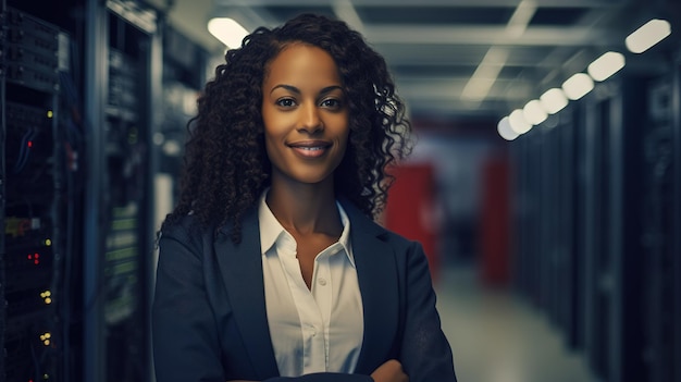 Portrait of Black woman engineer tech in computer server room