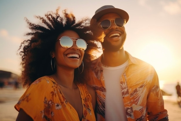 Portrait of a black woman and man on a summer walk on the beach