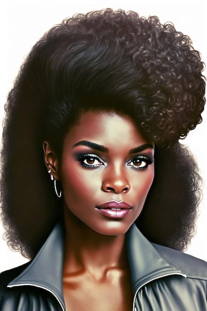 A portrait of a black woman with a big, round, natural hair.