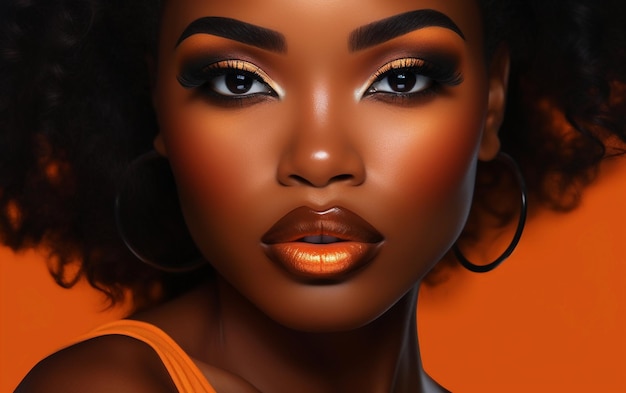 Portrait of black woman with orange makeup Orange lip gloss and orange eye shadow