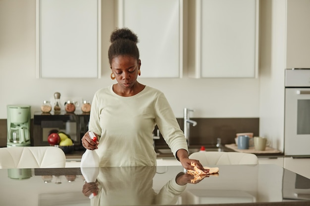 Portrait of black of young woman wiping kitchen counters while cleaning home copy space