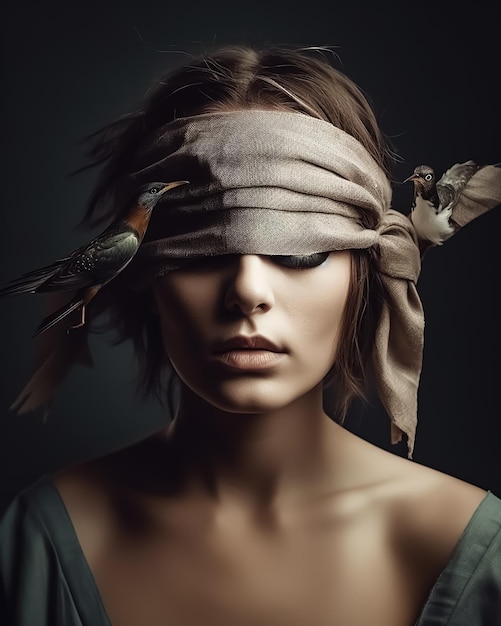 Premium AI Image | A portrait of blindfolded woman with birds fashion ...