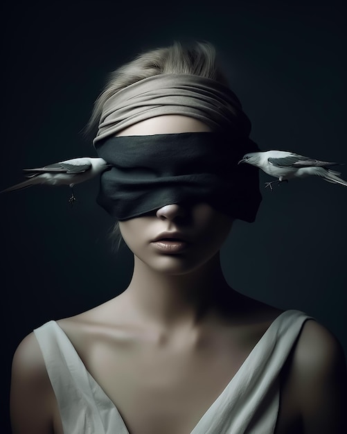 Premium AI Image  A portrait of blindfolded woman with birds fashion  photography