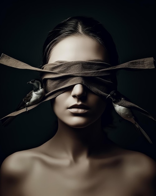 A portrait of blindfolded woman with birds fashion photography