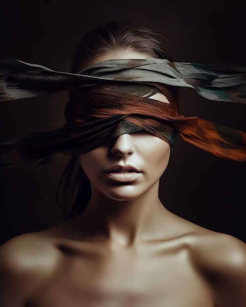 A portrait of blindfolded woman with birds fashion photography