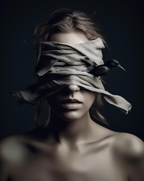 A portrait of blindfolded woman with birds fashion photography