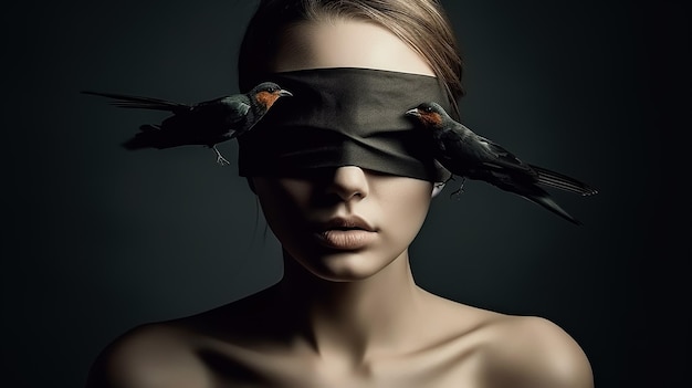 A portrait of blindfolded woman with birds fashion photography