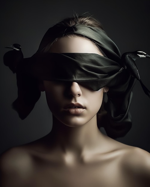 Premium AI Image  A portrait of blindfolded woman with birds fashion  photography