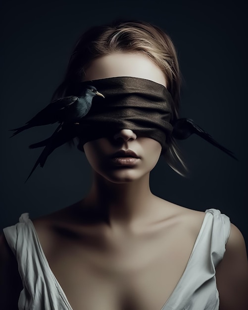 A portrait of blindfolded woman with birds fashion photography