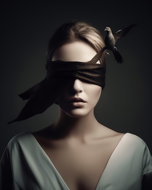 A portrait of blindfolded woman with birds fashion photography