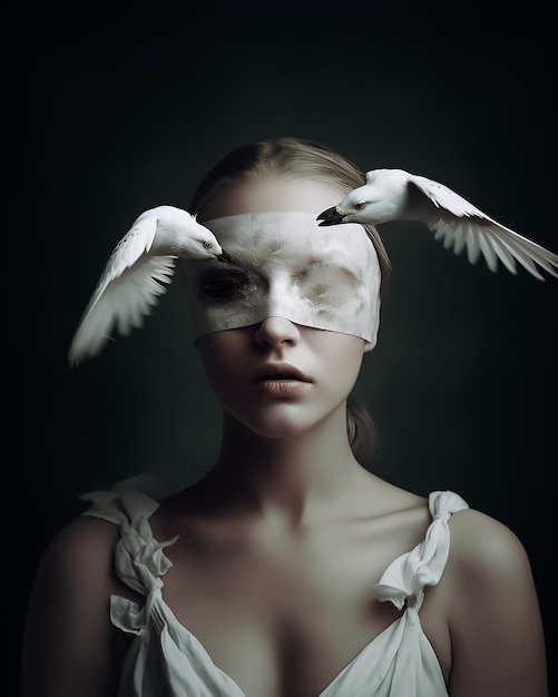 A portrait of blindfolded woman with birds fashion photography