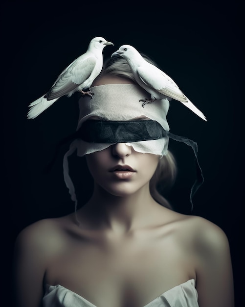 A portrait of blindfolded woman with birds fashion photography