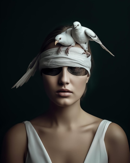 A portrait of blindfolded woman with birds fashion photography