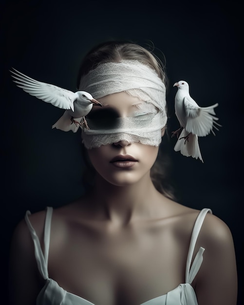 a portrait of a blindfolded Blind fashion woman with birds, created with  Generative AI technology Stock Illustration