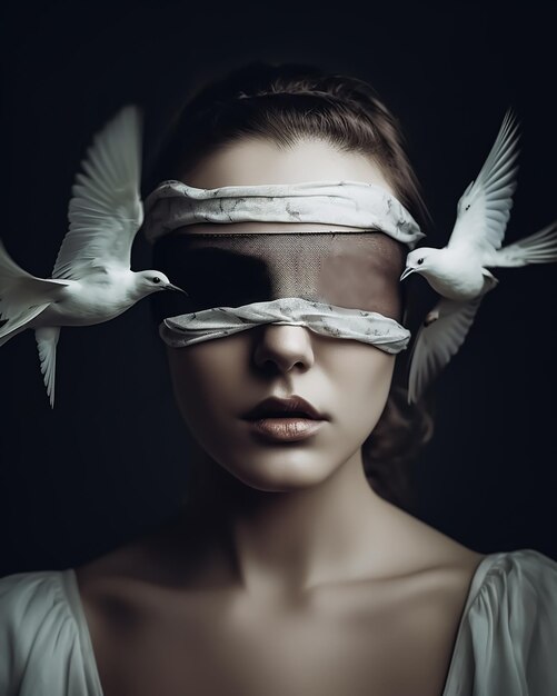 A portrait of blindfolded woman with birds fashion photography